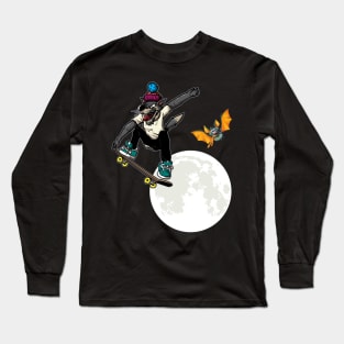 Halloween Skateboarding Wolf over the Moon Bat Long Sleeve T-Shirt